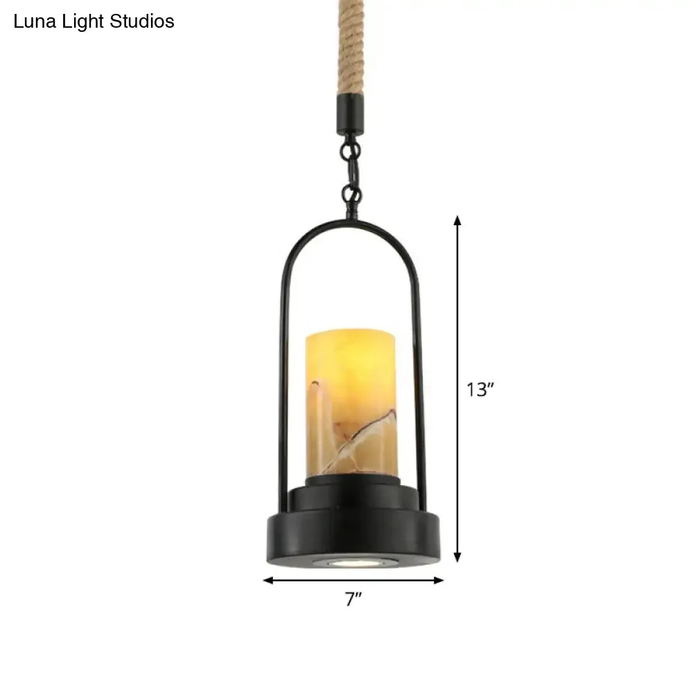 Faux Candle Wine Bar Pendant Lamp - Rural Marble, 1-Light - Black Hanging Light with Arched Frame & Rope Detail