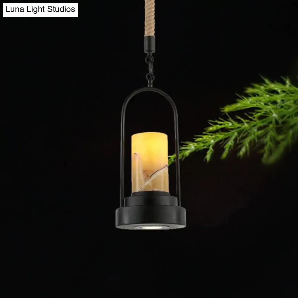 Faux Candle Wine Bar Pendant Lamp - Rural Marble, 1-Light - Black Hanging Light with Arched Frame & Rope Detail