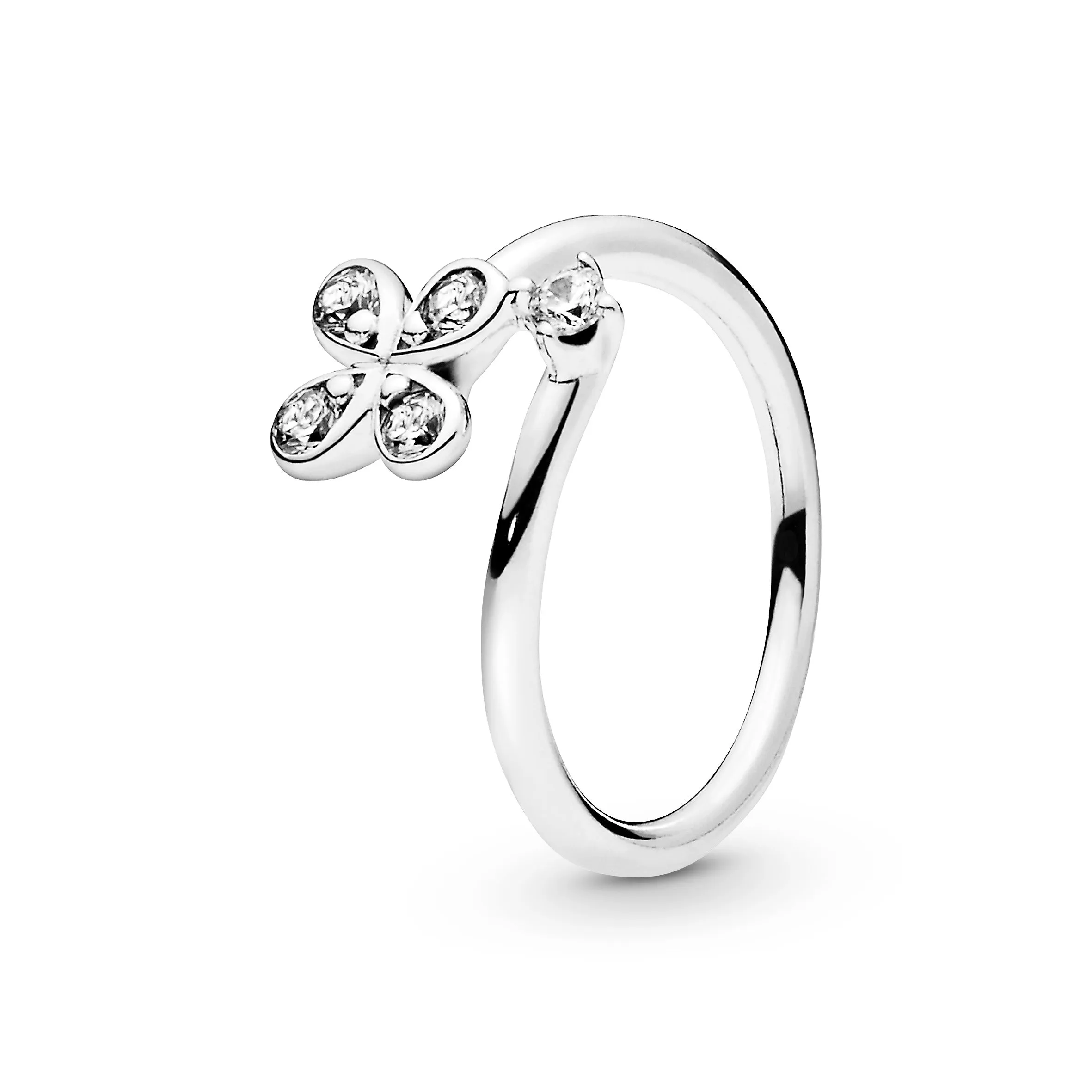 Flower silver open ring with clear cubic zirconia