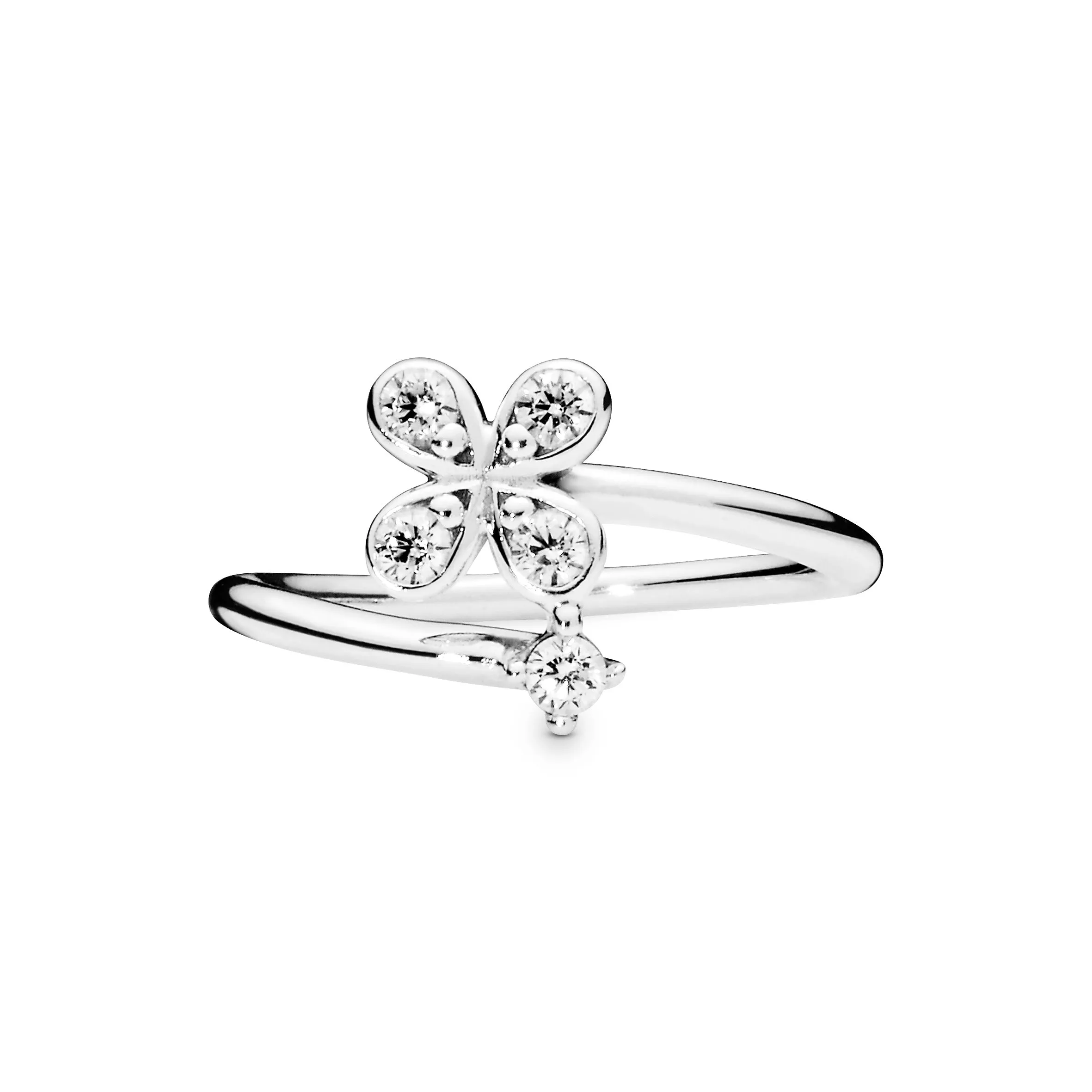 Flower silver open ring with clear cubic zirconia