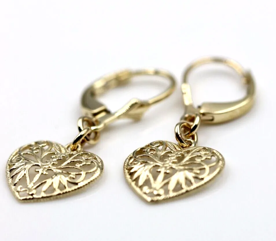 Genuine 9ct Yellow, Rose or White Gold Filigree Heart Drop Filigree Continental Hook Earrings