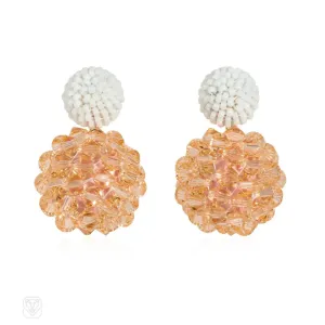 Glass and crystal beaded ball earrings in white and peach