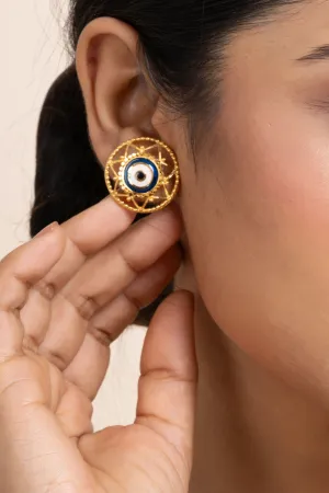 Gold Plated Round Evil Eye Stud Earrings with White Blue Meenakari Design - Copper Jewelry