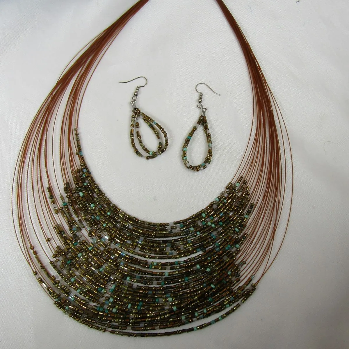 Gold Seed Bead Multi-strand  Necklace & Earrings