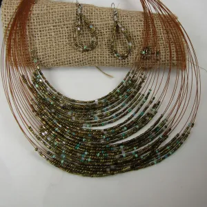 Gold Seed Bead Multi-strand  Necklace & Earrings