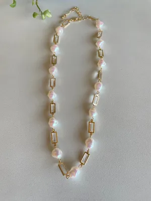 Gold w/Glass Rectangle Stone & Pearl Necklace