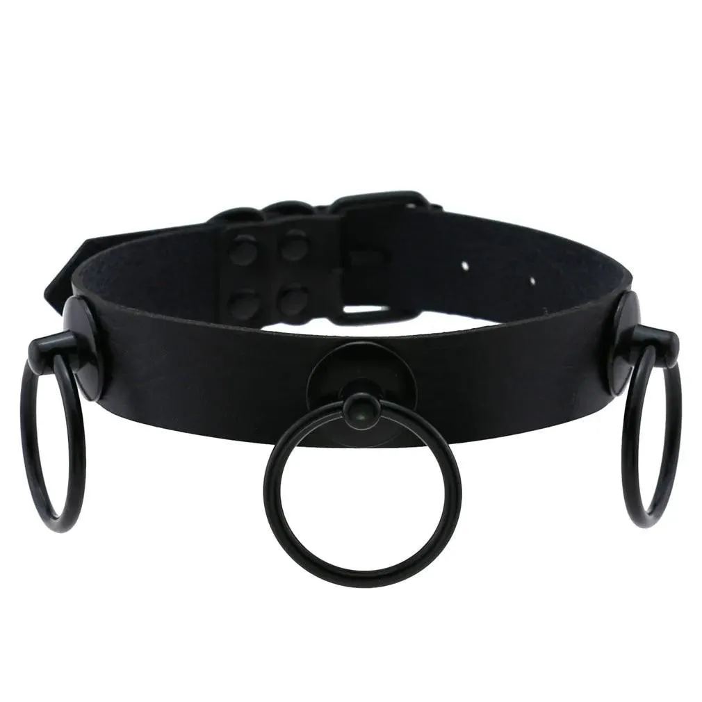 Gothic Leather Chokers - All Black Set