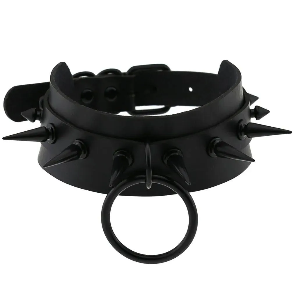 Gothic Leather Chokers - All Black Set