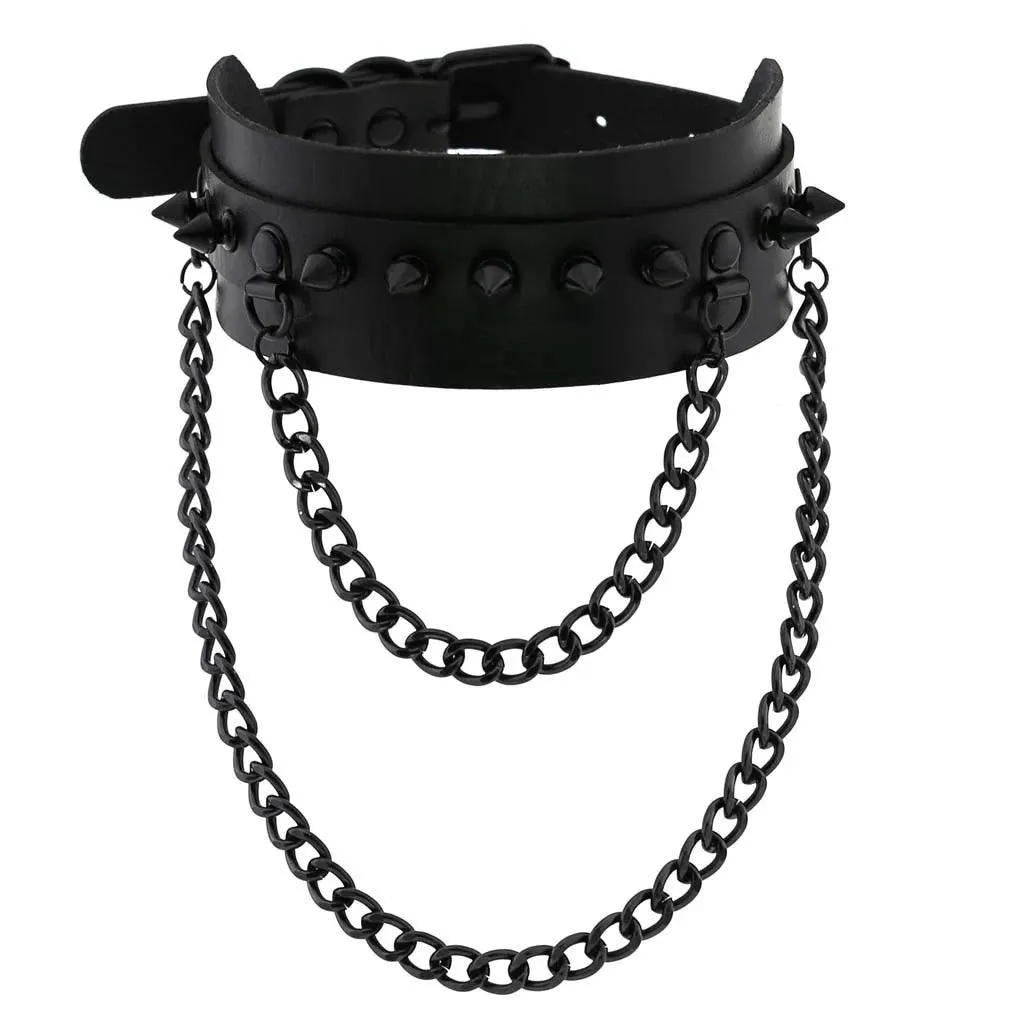 Gothic Leather Chokers - All Black Set