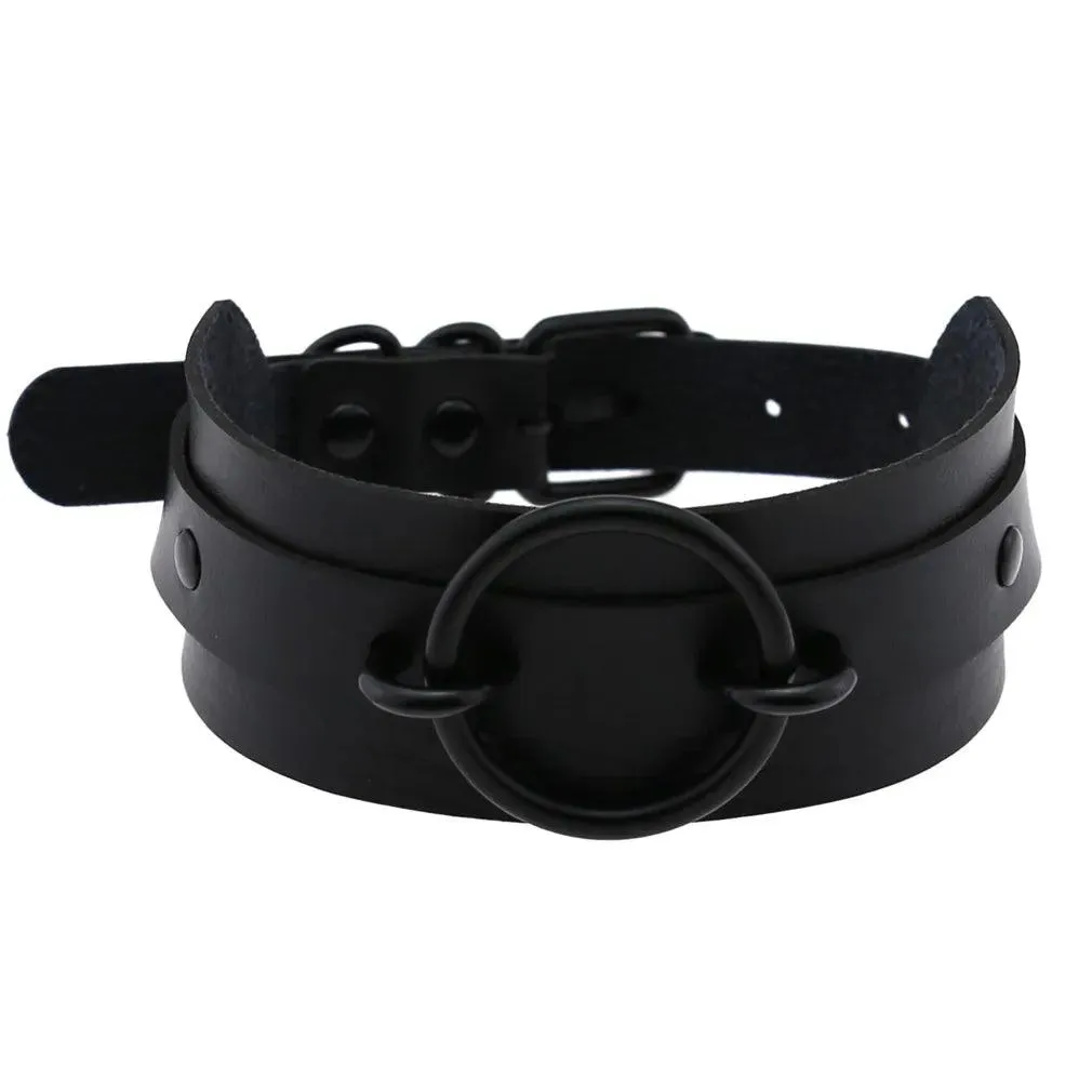 Gothic Leather Chokers - All Black Set