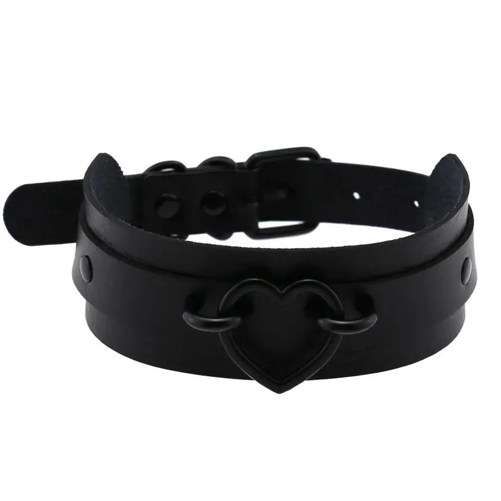 Gothic Leather Chokers - All Black Set