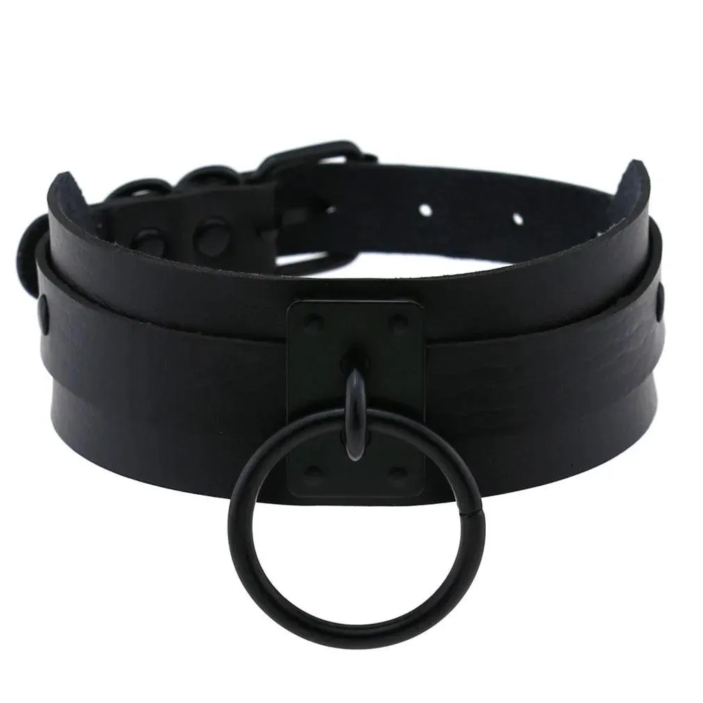 Gothic Leather Chokers - All Black Set