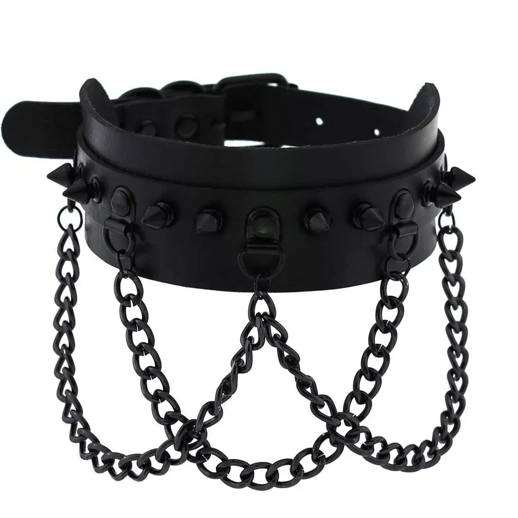 Gothic Leather Chokers - All Black Set