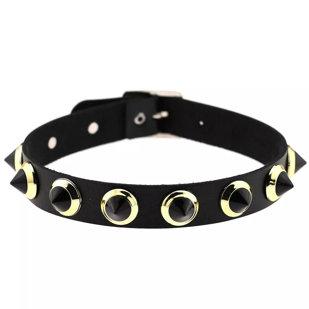 Gothic Leather Chokers - All Black Set