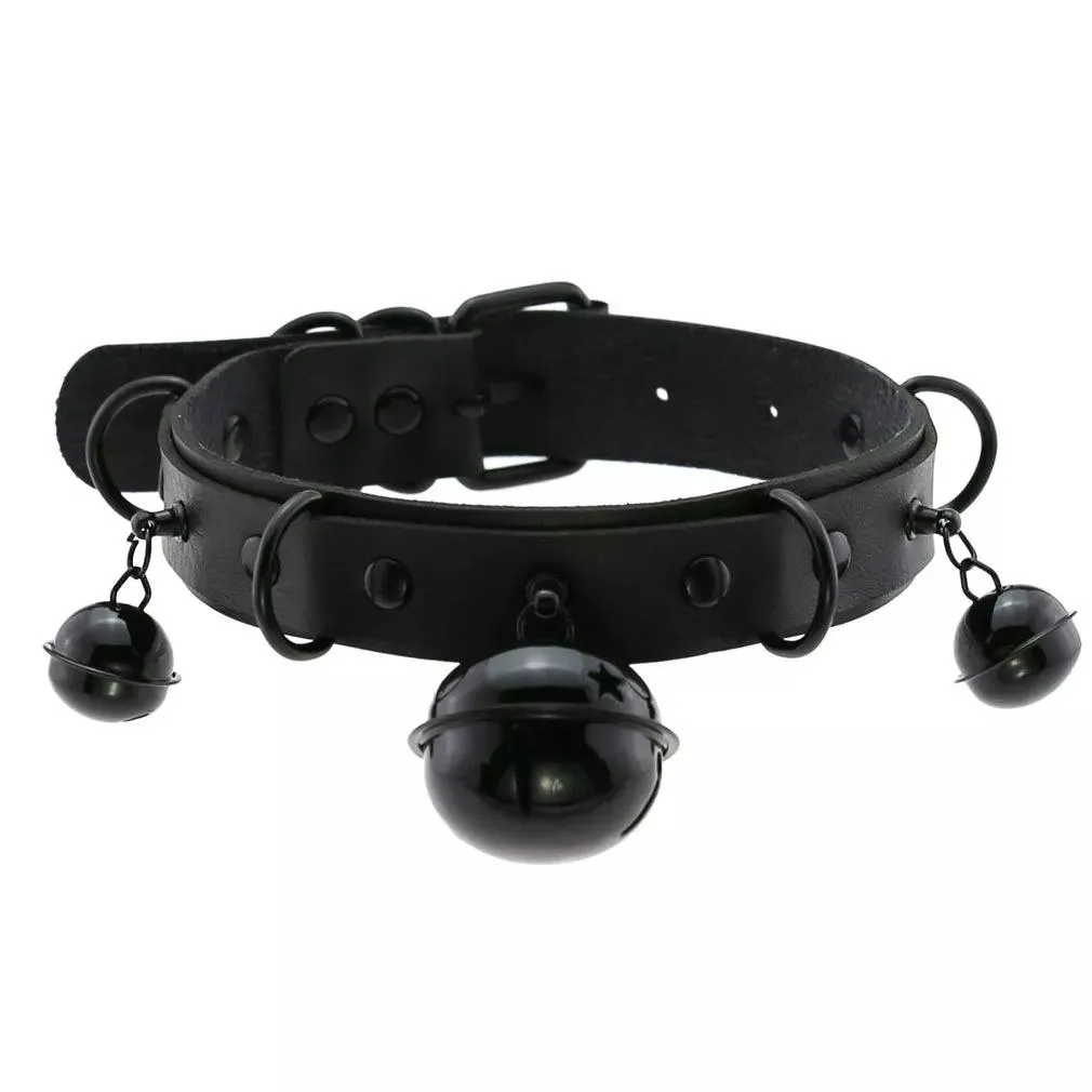 Gothic Leather Chokers - All Black Set