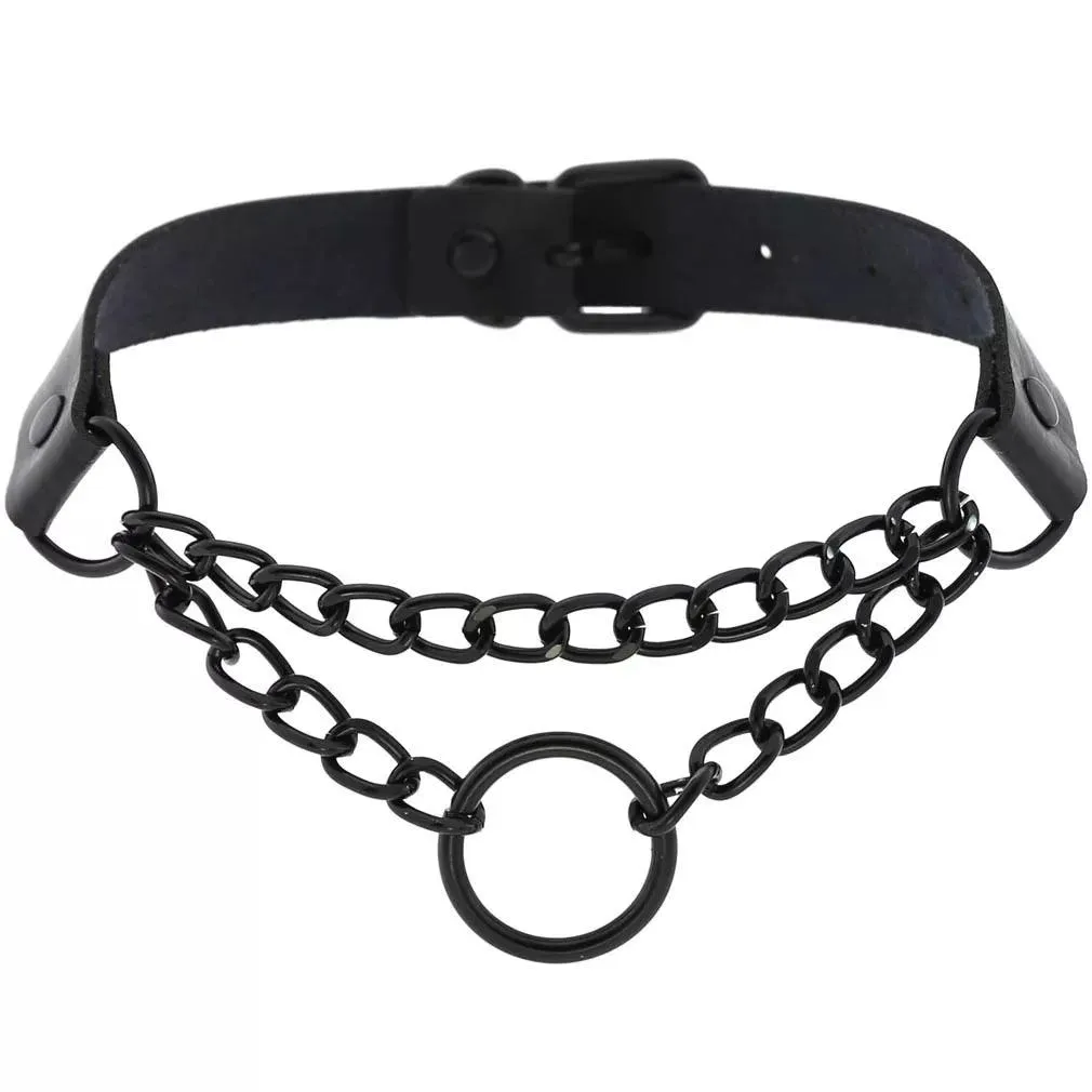 Gothic Leather Chokers - All Black Set