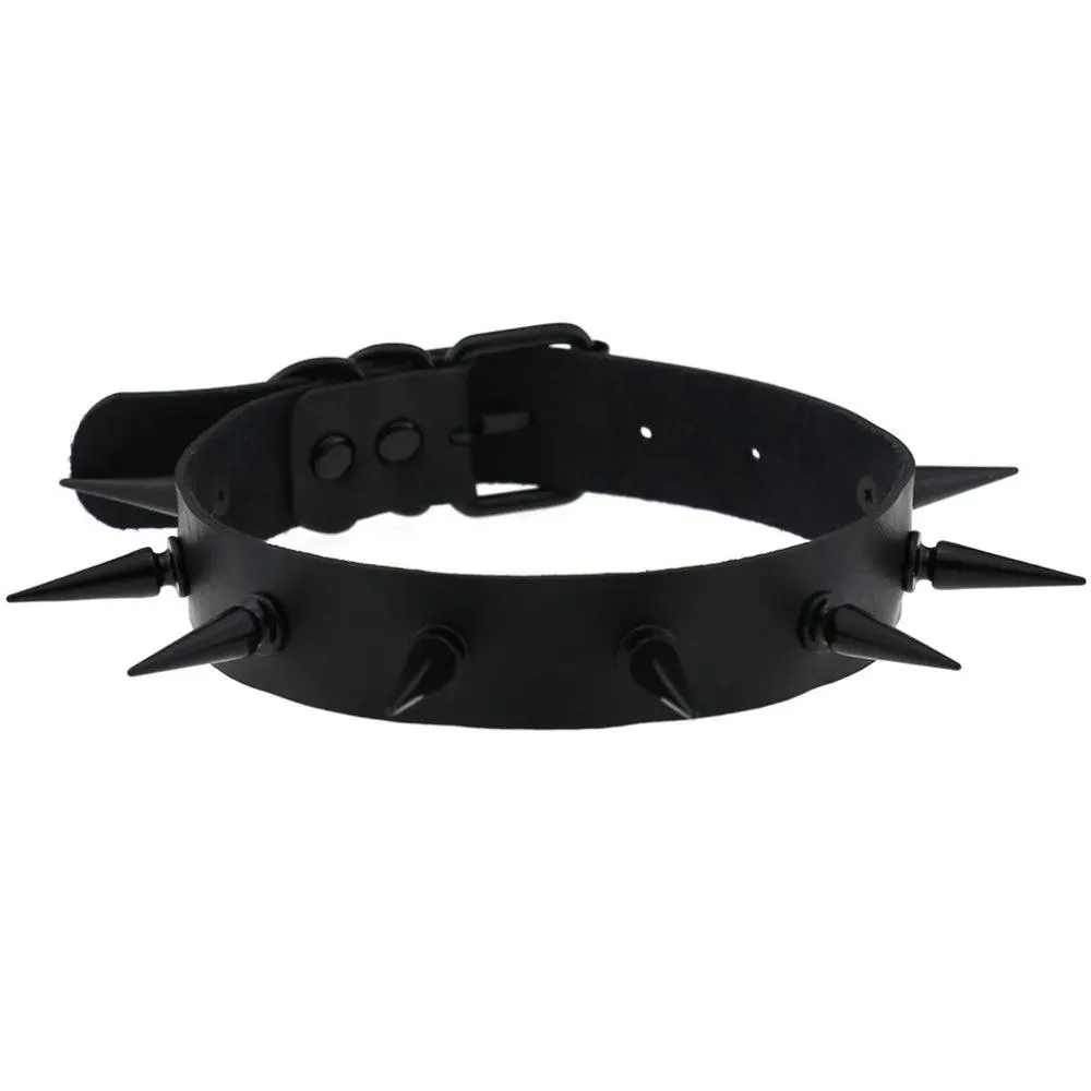 Gothic Leather Chokers - All Black Set