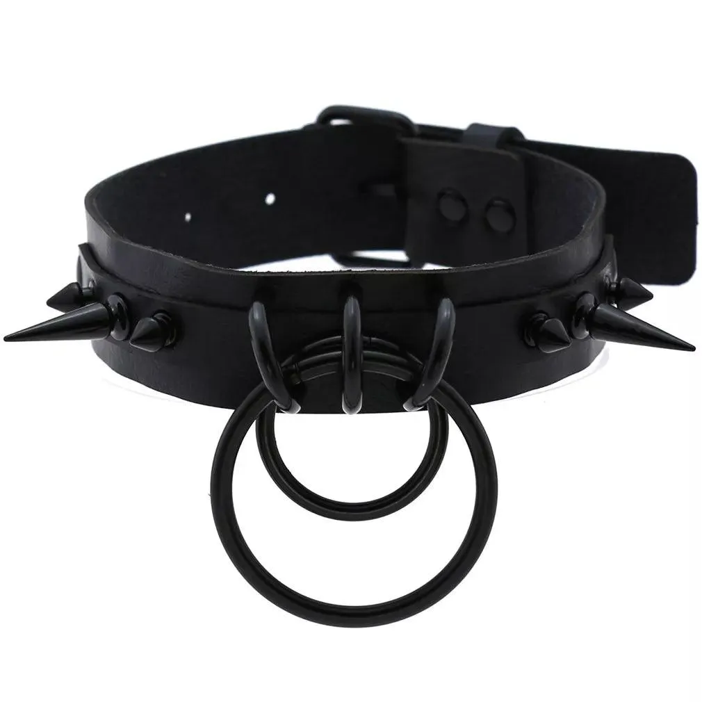 Gothic Leather Chokers - All Black Set