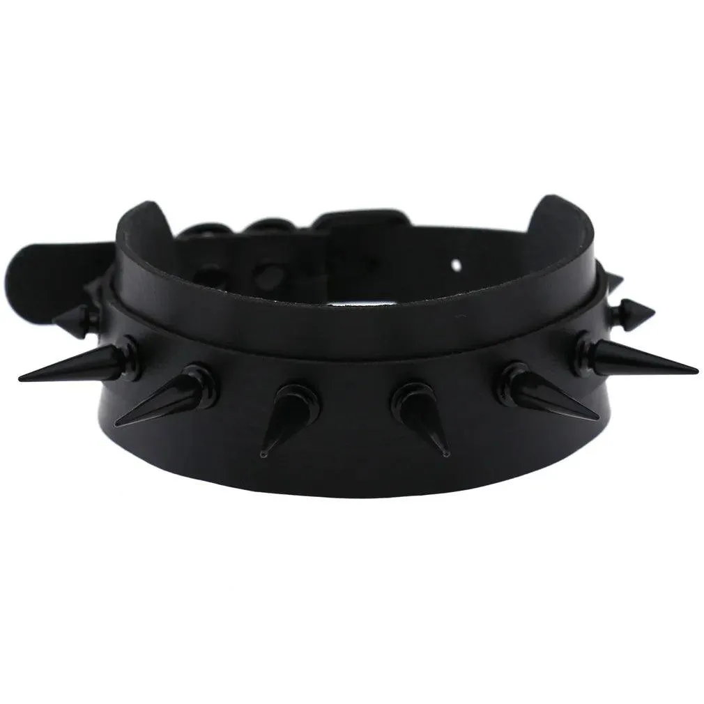 Gothic Leather Chokers - All Black Set