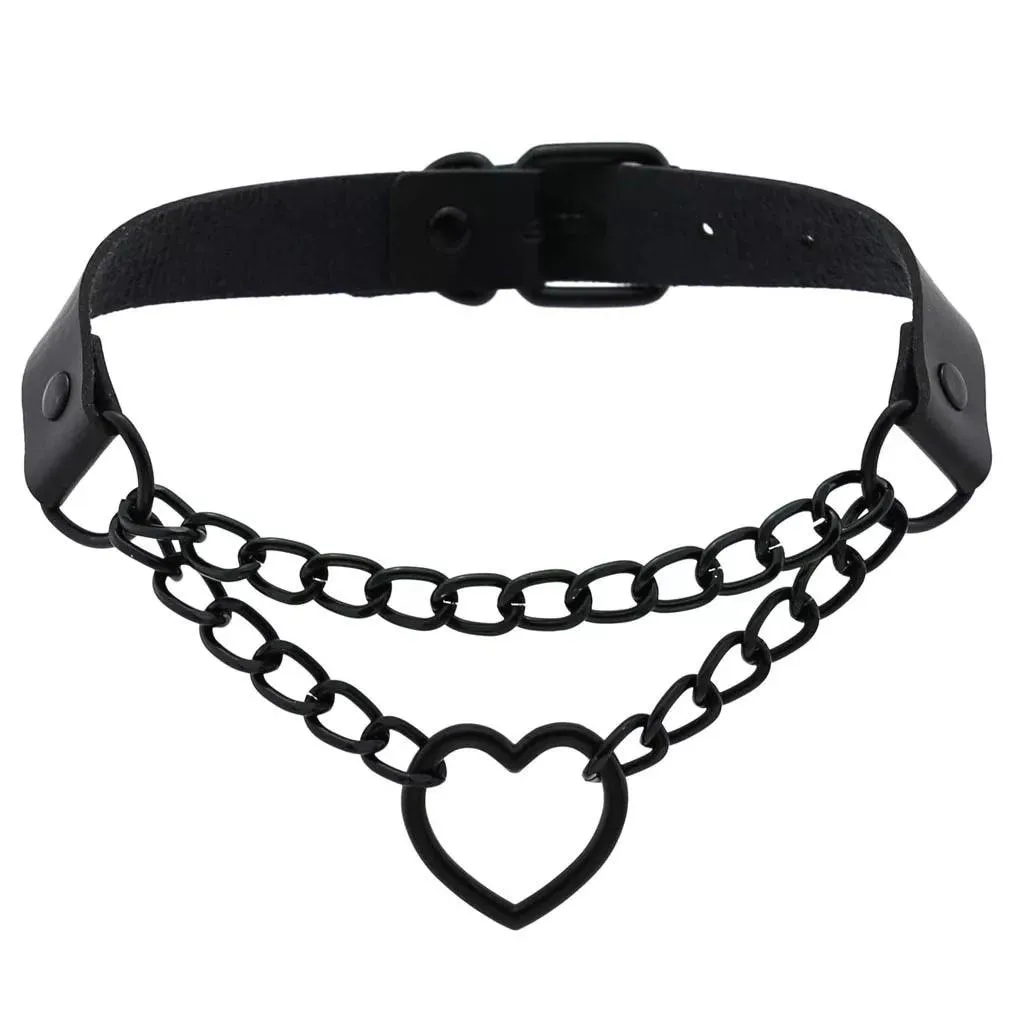 Gothic Leather Chokers - All Black Set