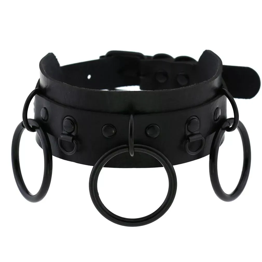 Gothic Leather Chokers - All Black Set