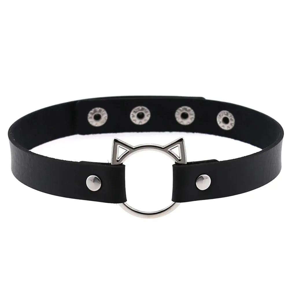 Gothic Leather Chokers - Black Set