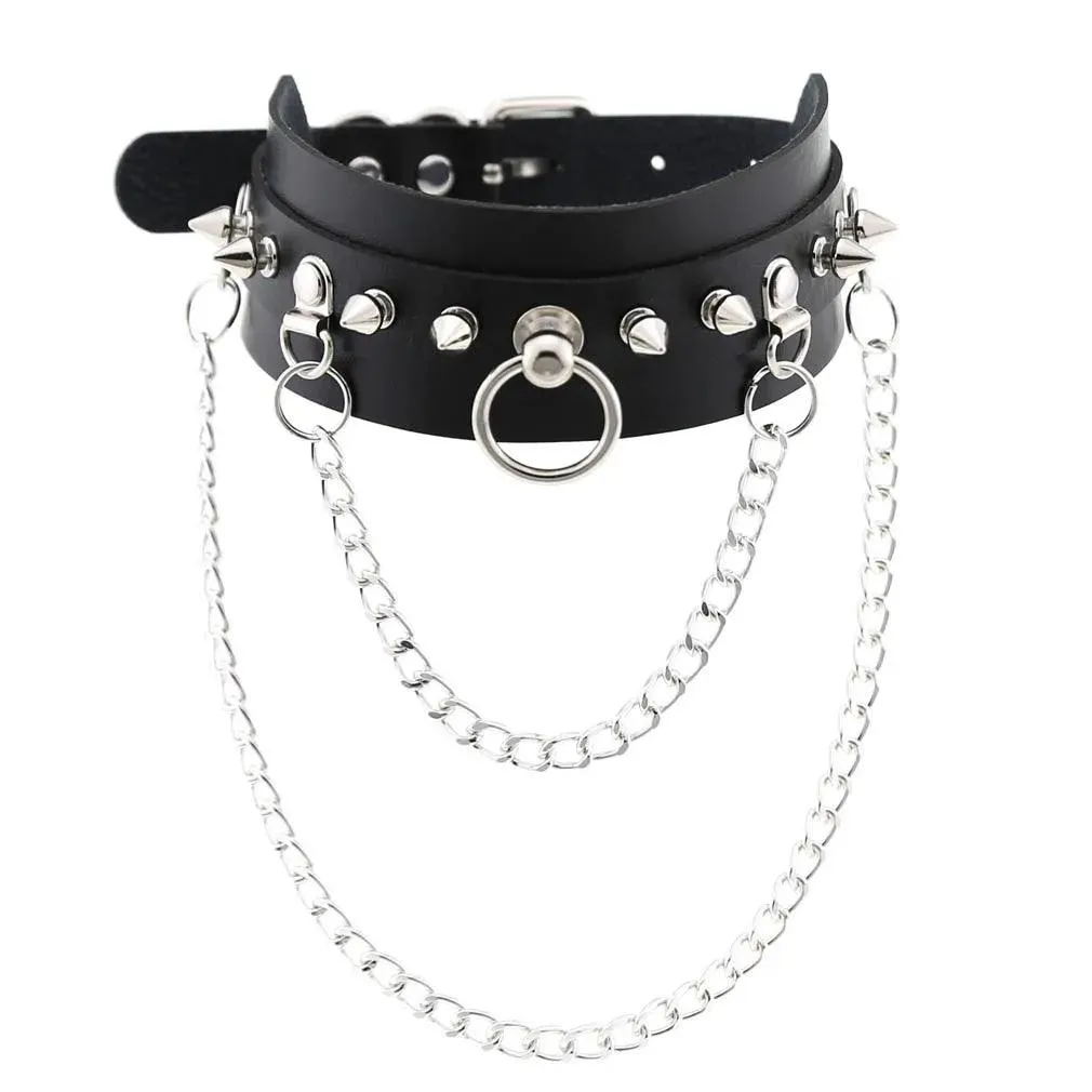 Gothic Leather Chokers - Black Set