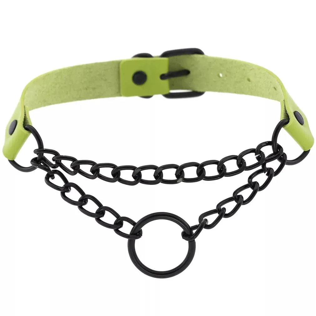 Gothic Leather Chokers - Green Set