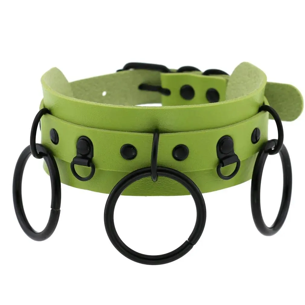 Gothic Leather Chokers - Green Set