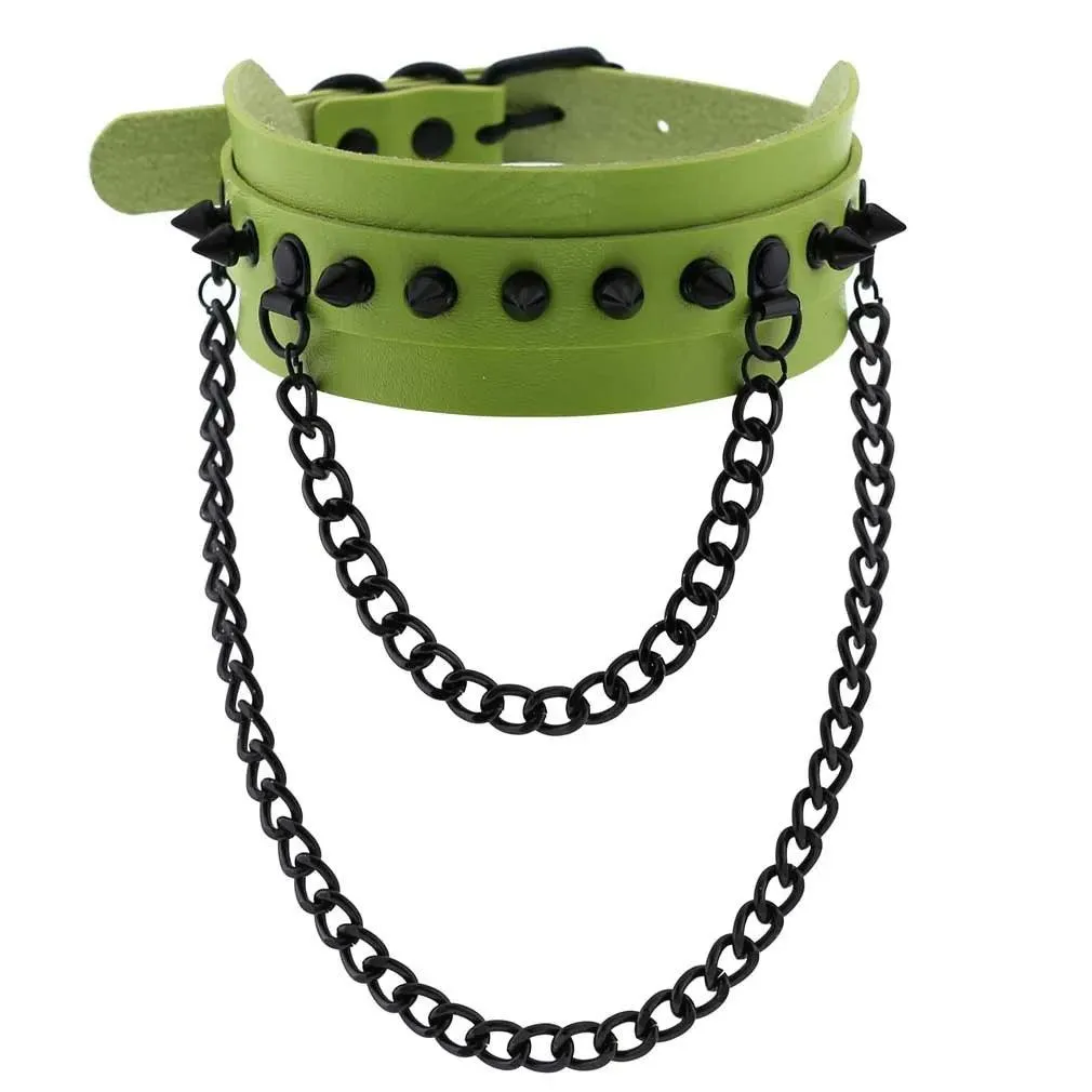 Gothic Leather Chokers - Green Set