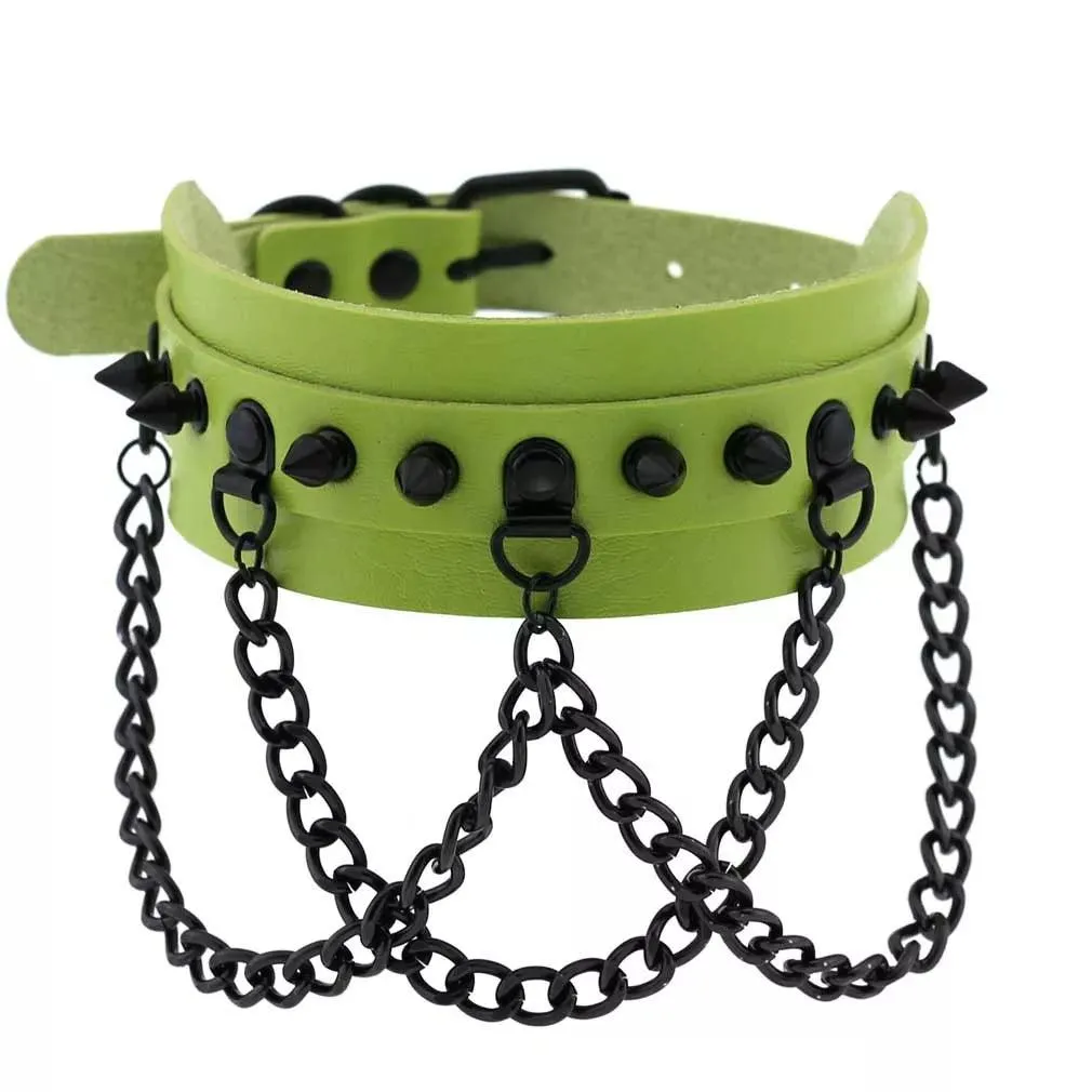 Gothic Leather Chokers - Green Set