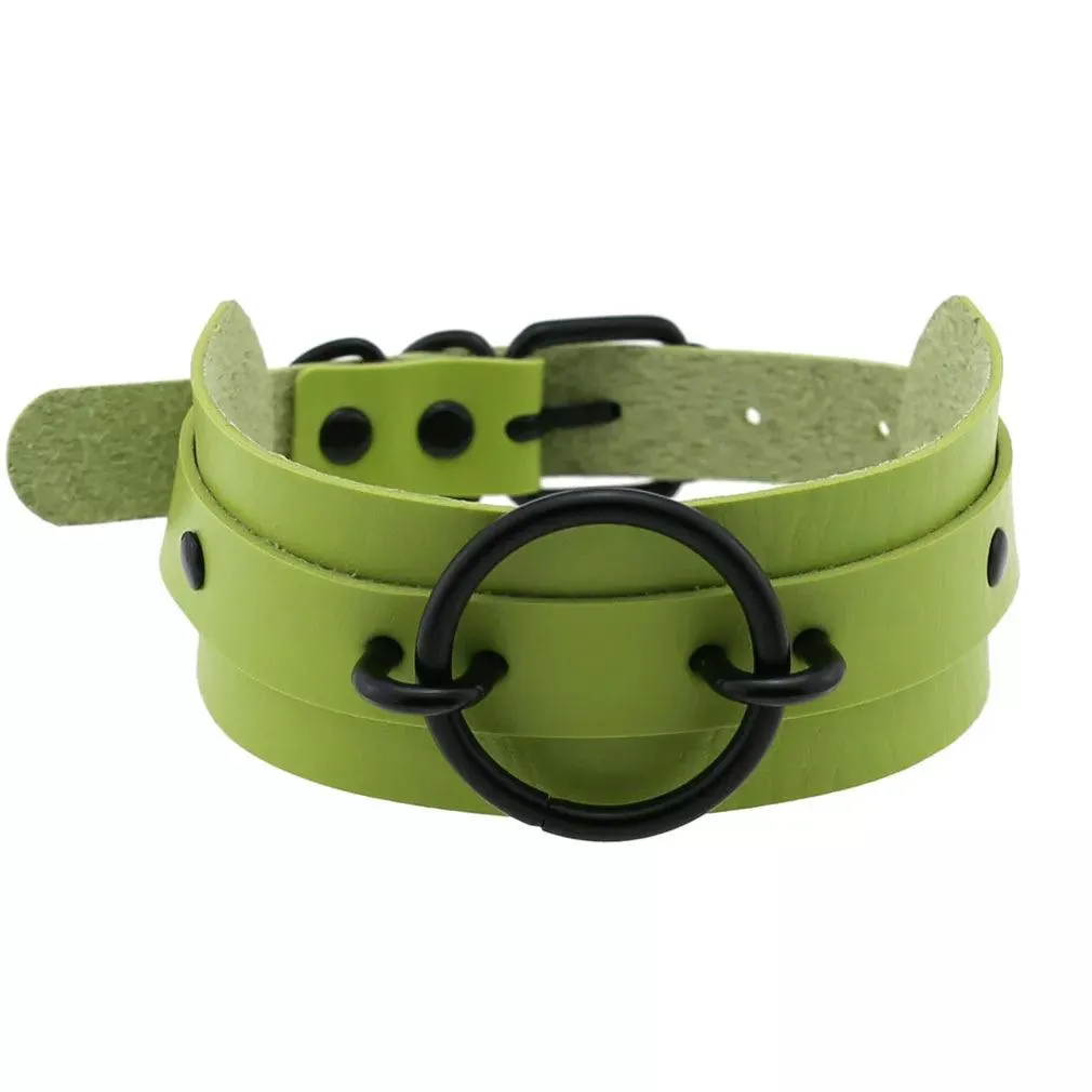 Gothic Leather Chokers - Green Set