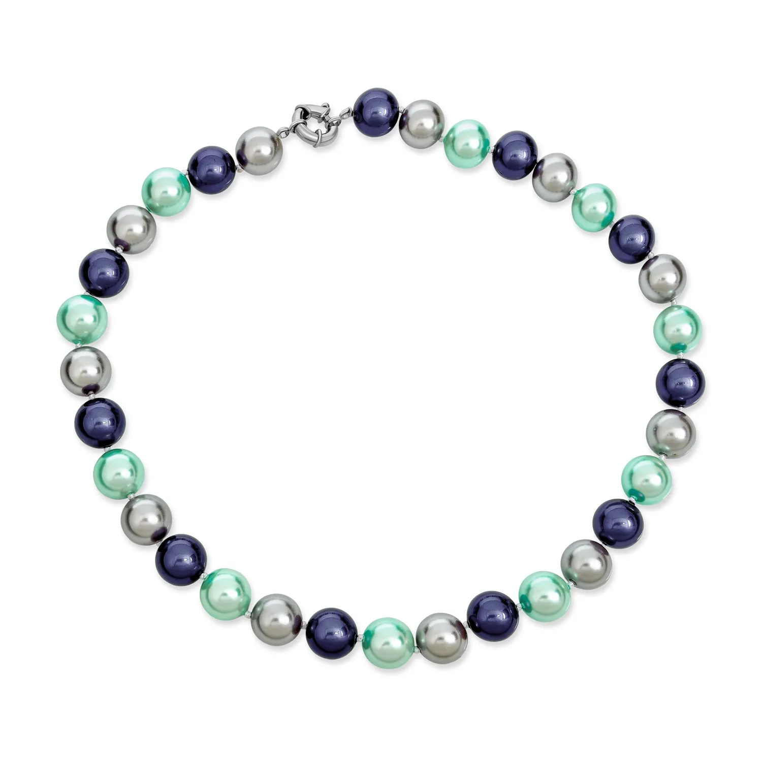 Hand Knotted Multi-Color Blue Grey Shell Imitation Pearl Strand Necklace 14MM