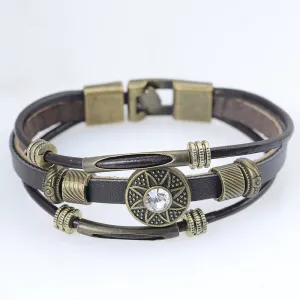 Handmade Men Jewelry Handmade Vintage PU Leather Bracelets & Bangles Pulseira Masculina Flower Bead Charm Bracelet for Men Male