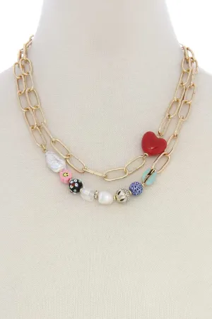 Heart Shape Beaded Oval Link Layer Necklace