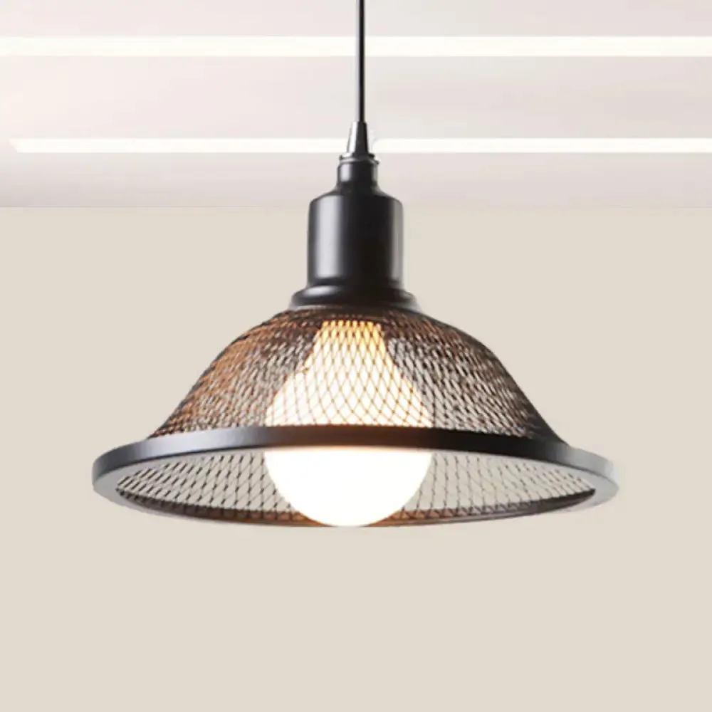 Industrial Black Flared Pendant Light with Mesh Cage - Metallic Hanging Lighting Fixture