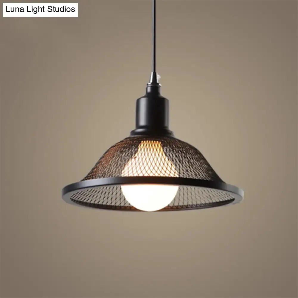 Industrial Black Flared Pendant Light with Mesh Cage - Metallic Hanging Lighting Fixture