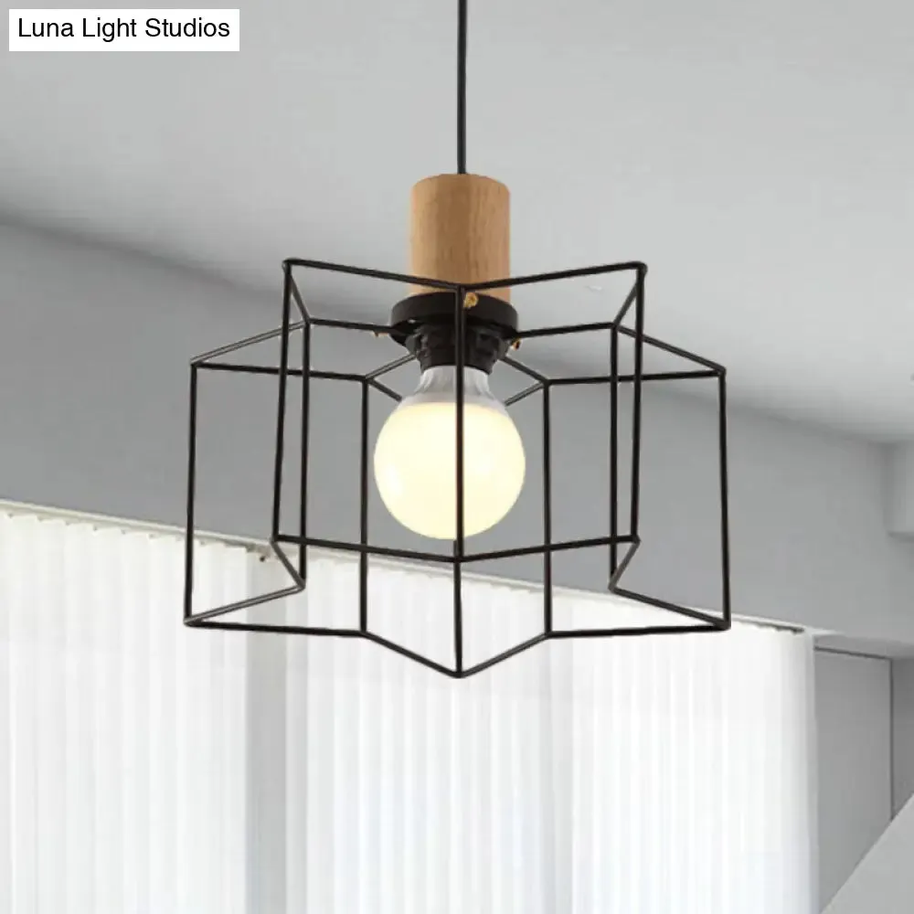 Industrial Retro Hanging Fixture - 1 Head Metal/Wood Ceiling Light with Cage Shade, Black