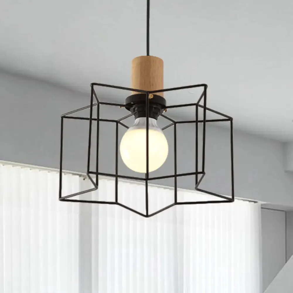 Industrial Retro Hanging Fixture - 1 Head Metal/Wood Ceiling Light with Cage Shade, Black