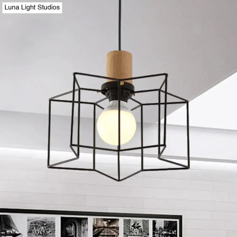 Industrial Retro Hanging Fixture - 1 Head Metal/Wood Ceiling Light with Cage Shade, Black