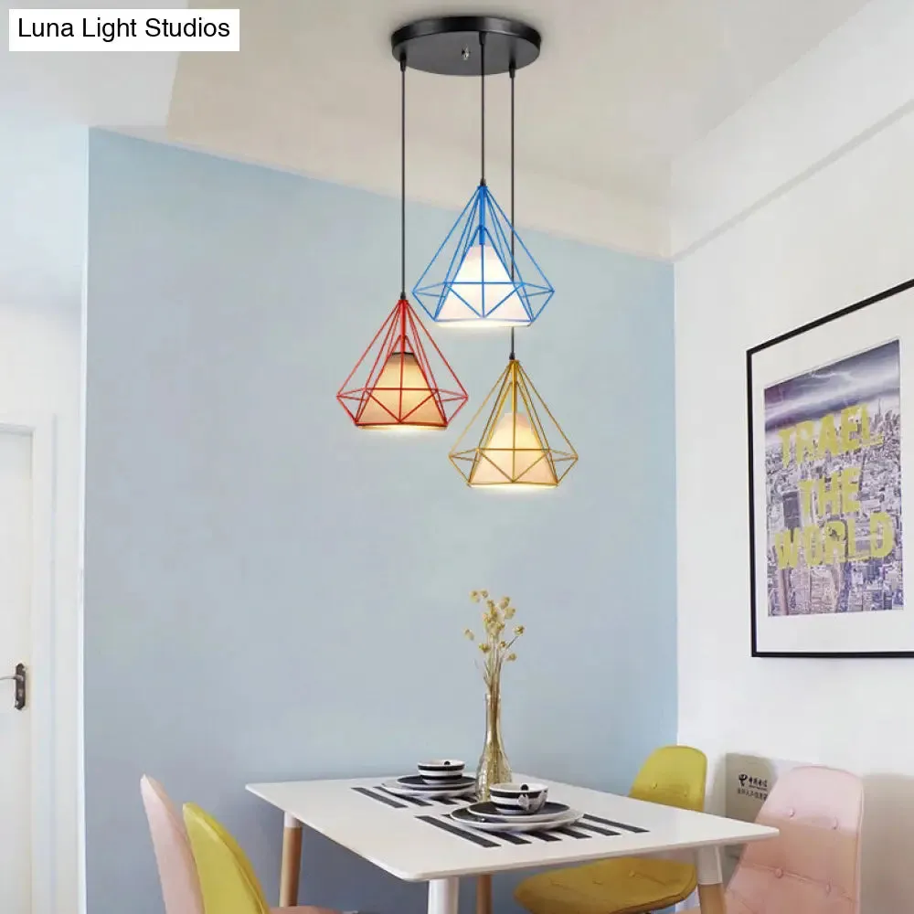 Industrial Style Caged Hanging Light with Multi-Color Metal and Fabric, 3 Lights Pendant Lighting - Indoor Use