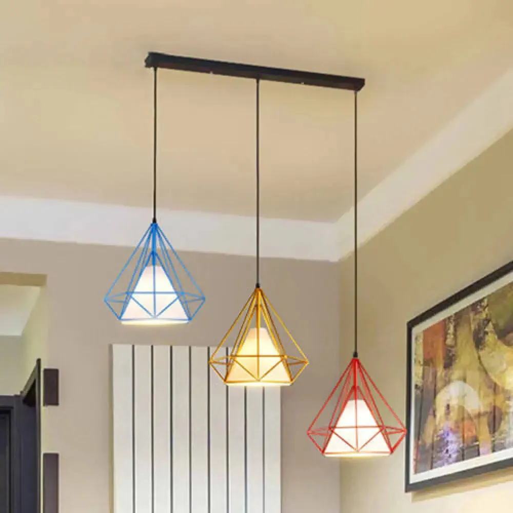 Industrial Style Caged Hanging Light with Multi-Color Metal and Fabric, 3 Lights Pendant Lighting - Indoor Use