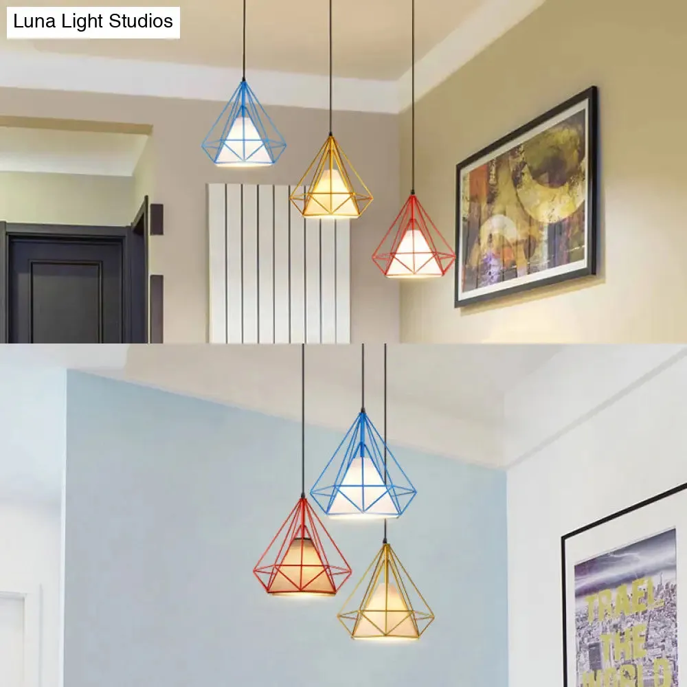 Industrial Style Caged Hanging Light with Multi-Color Metal and Fabric, 3 Lights Pendant Lighting - Indoor Use