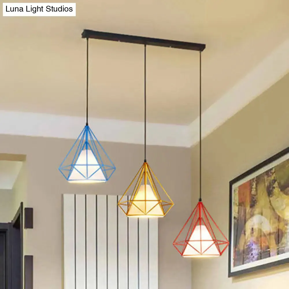 Industrial Style Caged Hanging Light with Multi-Color Metal and Fabric, 3 Lights Pendant Lighting - Indoor Use