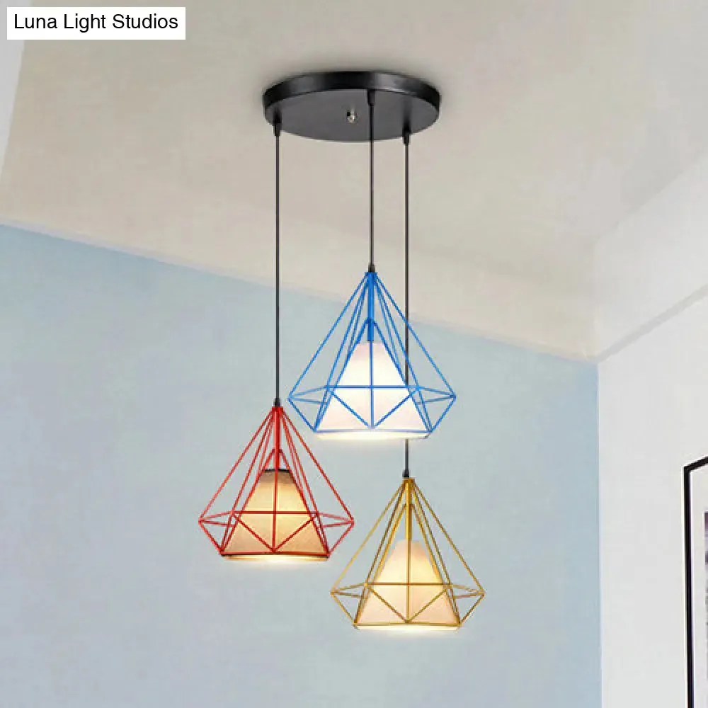 Industrial Style Caged Hanging Light with Multi-Color Metal and Fabric, 3 Lights Pendant Lighting - Indoor Use