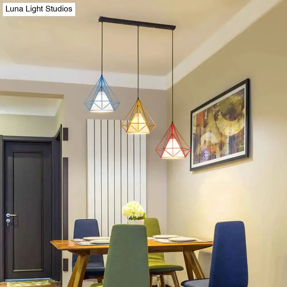 Industrial Style Caged Hanging Light with Multi-Color Metal and Fabric, 3 Lights Pendant Lighting - Indoor Use