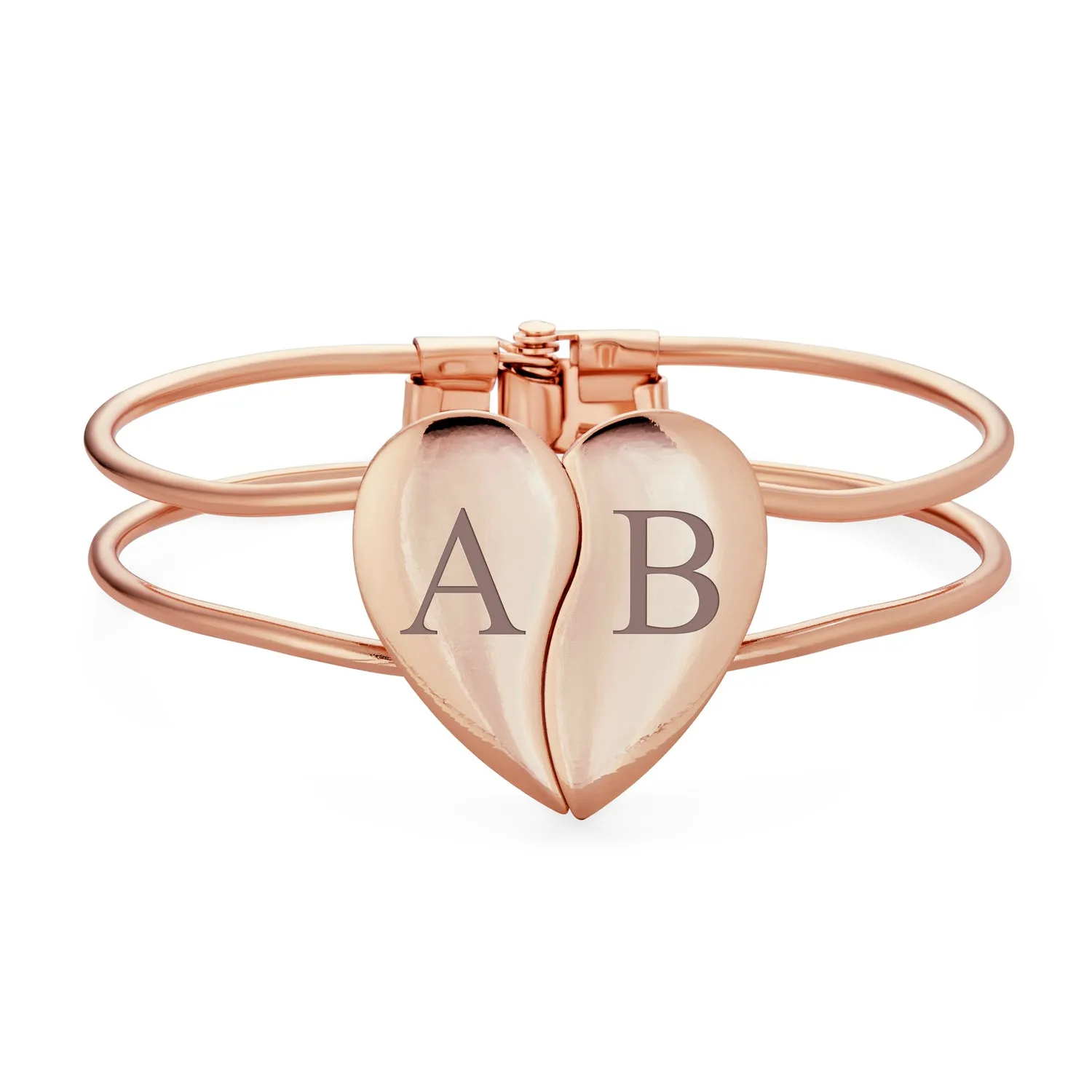 Initials Romantic Split Heart Cuff Bracelet in Rose Gold & Silver Tone Metal