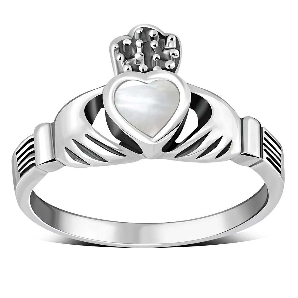 Irish Claddagh Sterling Silver Ring w/ Mother of Pearl