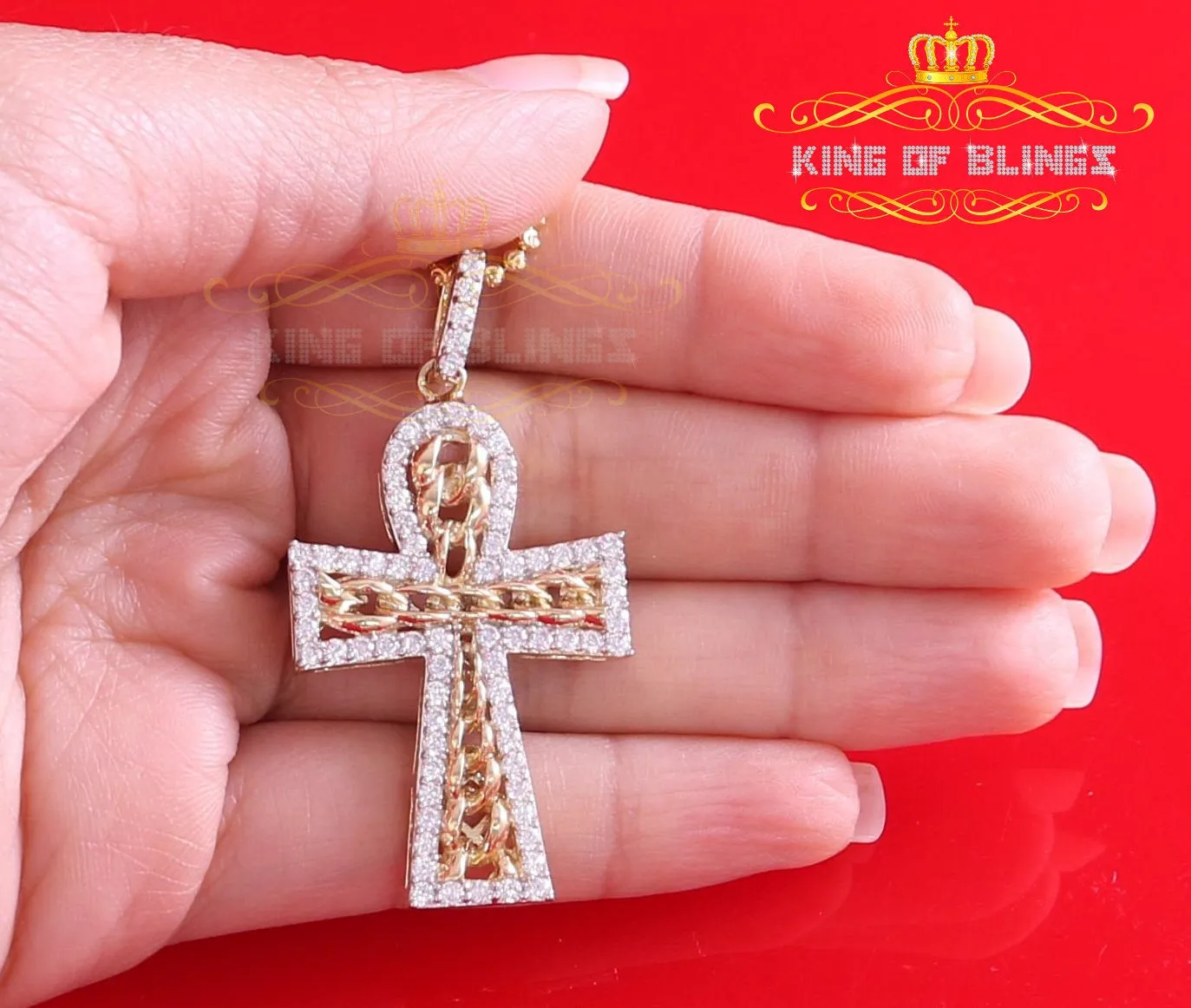 King of Bling's Yellow Sterling Silver Cross Pendant with 4.32ct Cubic Zirconia