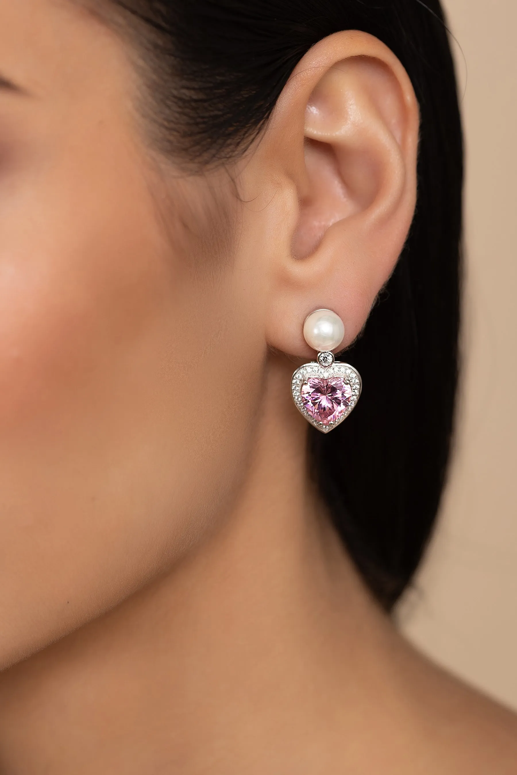 'Marie' Pearl and Crystal Heart Silver Earrings